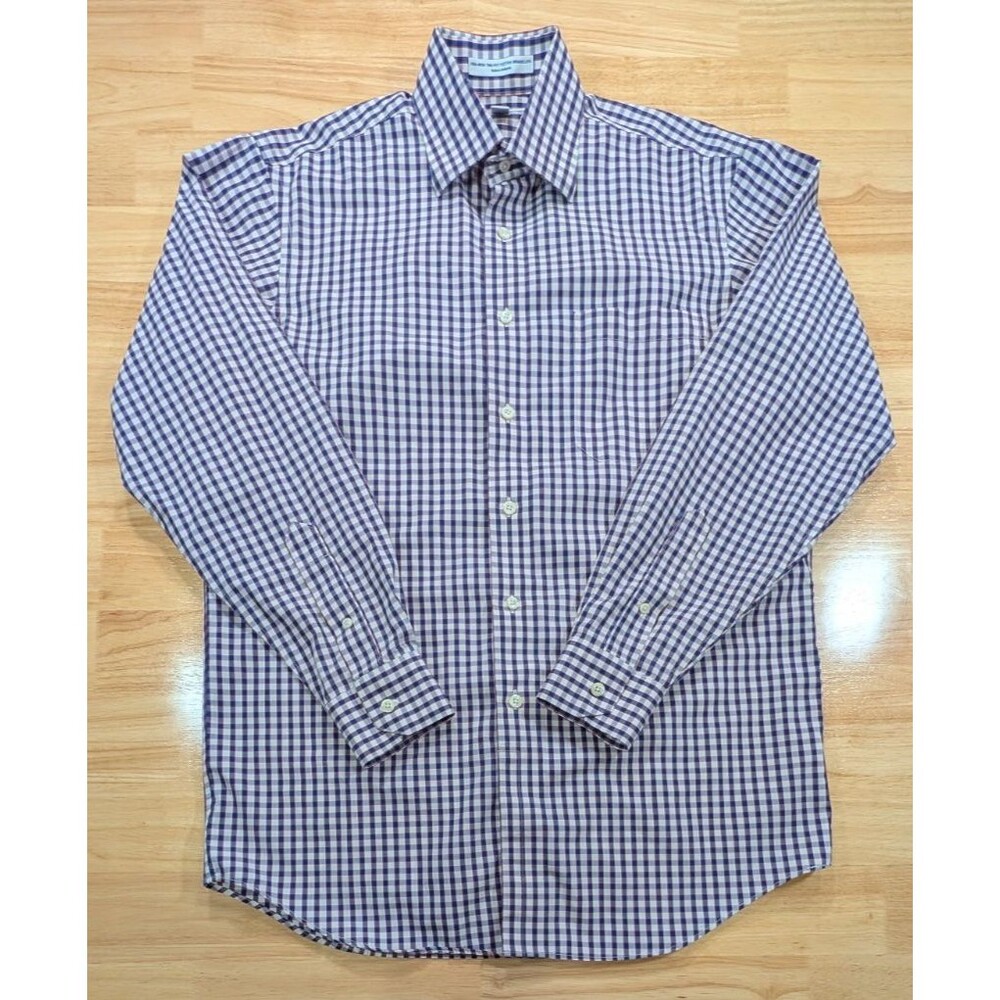 Paul Fredrick Shirt Mens M 15 34 Non Iron Two Ply Cotton Broadcloth Plaid Blue